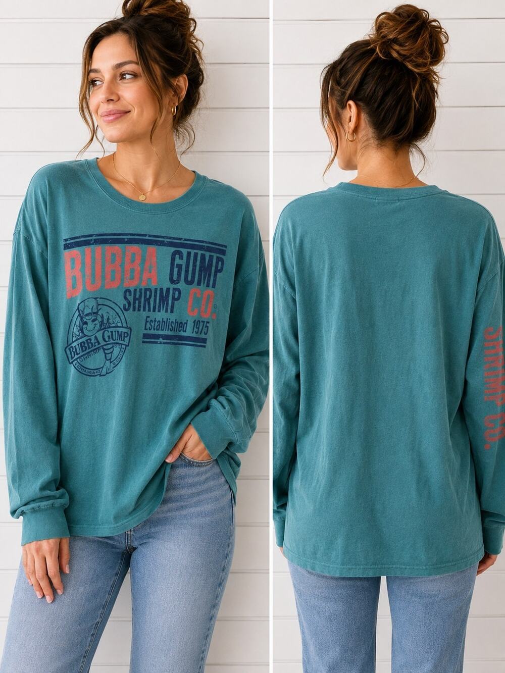 Bubba Gump Shrimp Co Long Sleeve Shirt Large Teal Delta Pro Weight Vintage Y2K